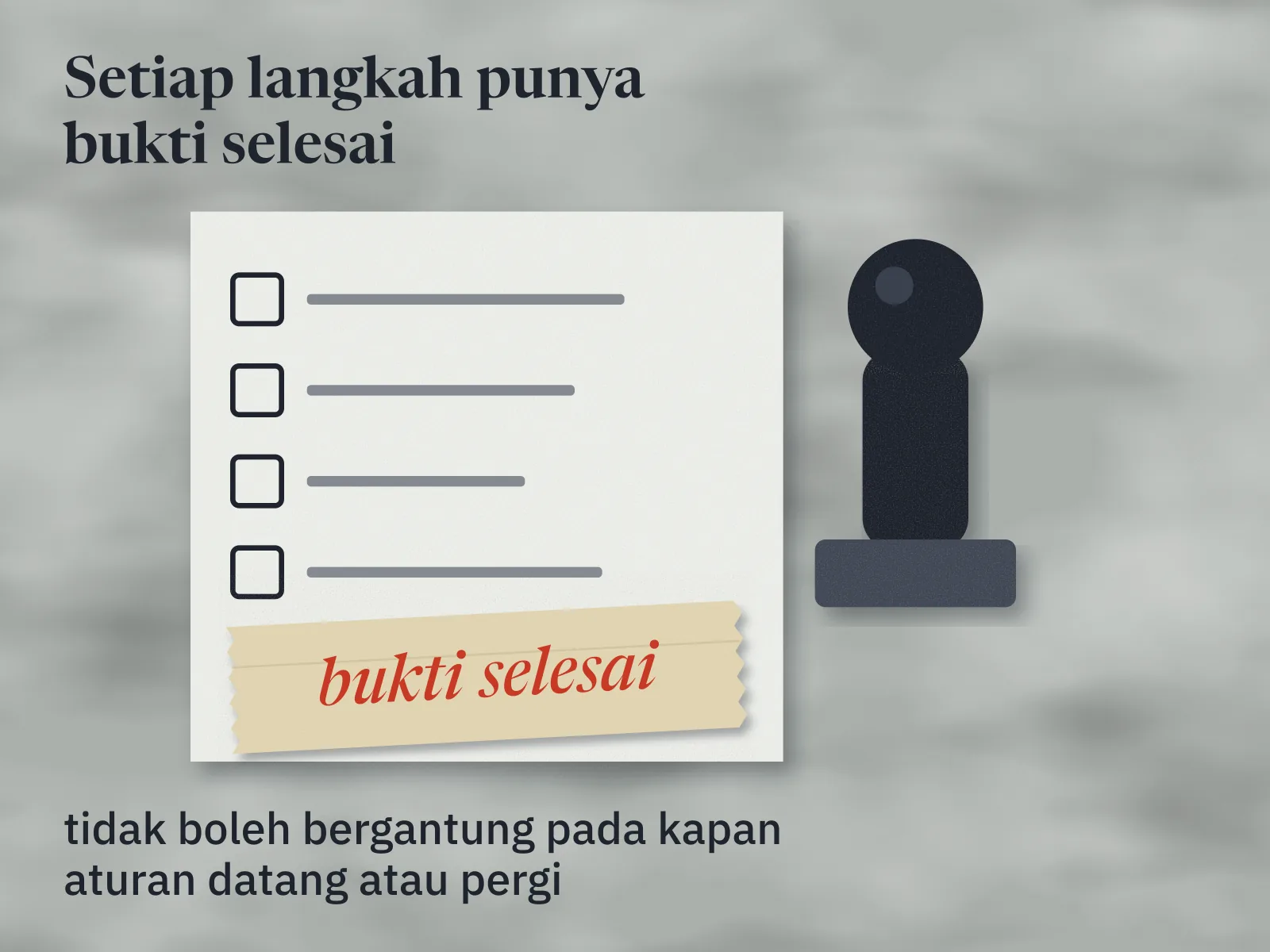 Lembar kerja berisi empat baris langkah dengan kotak centang kosong di kirinya, dan sebuah cap karet bergagang di sisi kanan. Selotip di bagian bawah lembar bertulisan spidol merah: bukti selesai. Di kaki gambar tertulis soal tidak bergantung pada kapan aturan datang atau pergi.